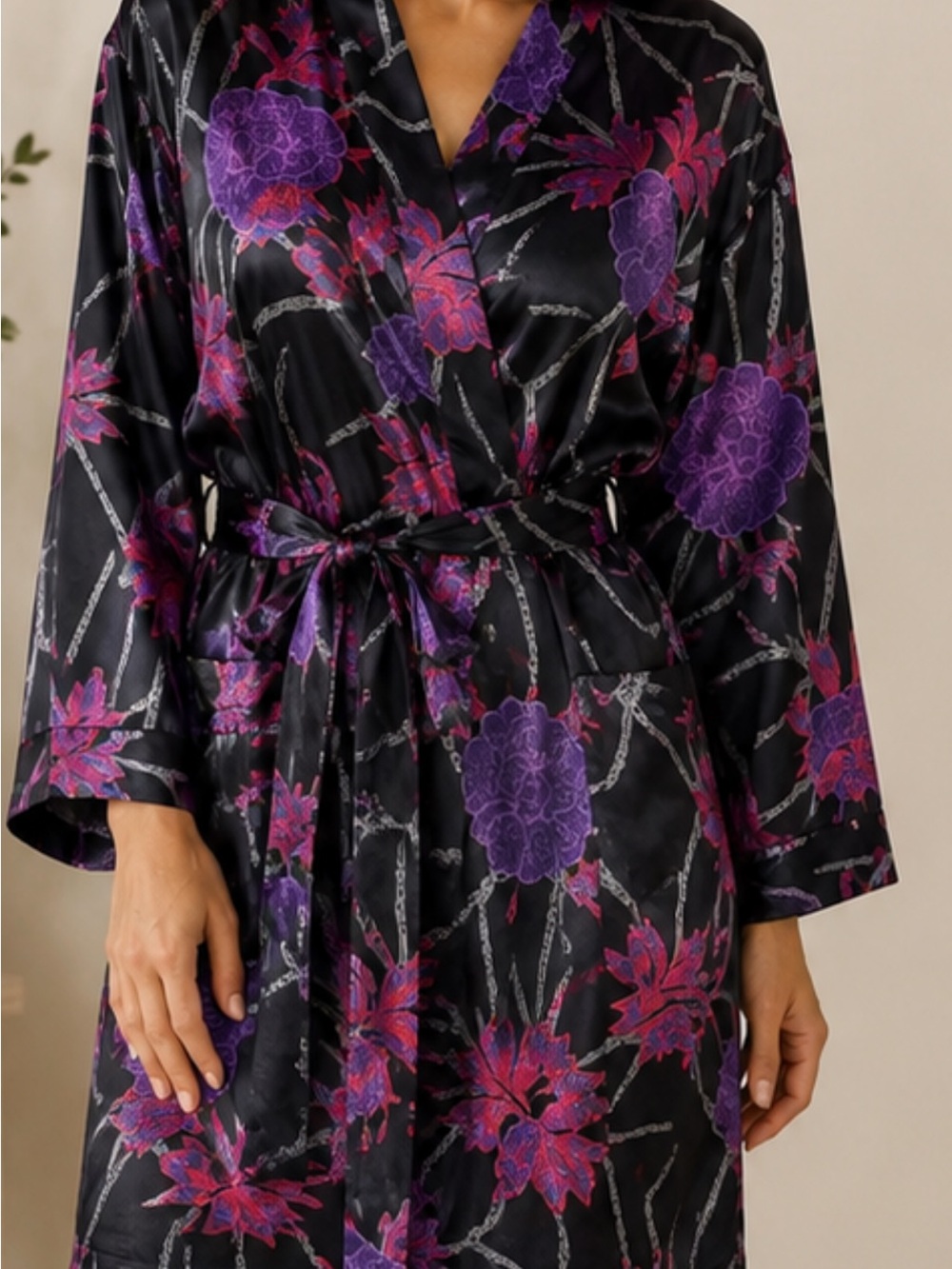 Victoria's Secret Black Satin Floral Robe with Purple & Pink Accents # 101